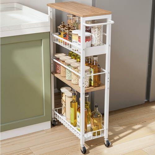 Kssiaz Carro de Almacenamiento Delgado con Ruedas, Carrito Pequeño de 4 Niveles con Manija, Profundidad de 7,1', Altura Ajustable, Estante Móvil Multiusos para Cocina, Baño, Lavadero, Blanco