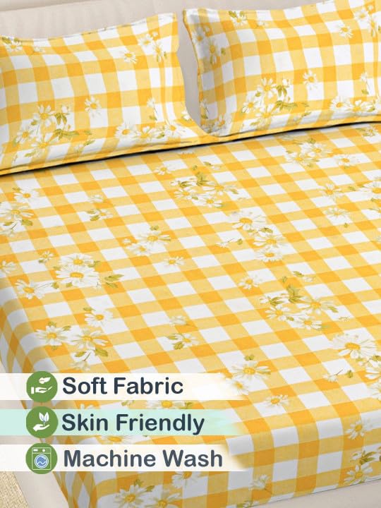 Image of 380 TC Premium Glace Cotton Elastic Fitted Bedsheet King Size with 2 Pillow Covers King Size | Double Bed with All Around Elastic (YellowC, Fitted - 72 inchx78 inch King)