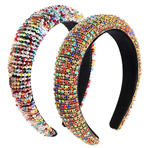 Rhinestone Padded Headbands for Women Bejewelled Crystal Diamond Design Hairband Bling Multi colored Beaded Headband Wide Hair Hoop Hair Accessory 2 Pack for Wedding Party