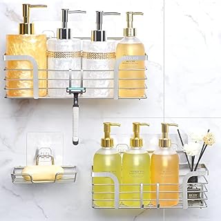 Yougai 3pcs Set Shower Caddy without Drilling Shelves Wall Shelf Shower Shelf Soap Dish Stainless Steel with 5 Hooks,Bathroom Shelf with 4 Adhesive Surfaces for Shower Storage Bathroom Shelf