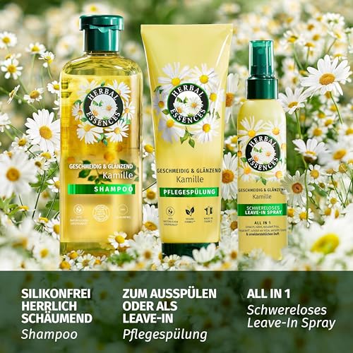 Herbal Essences Geschmeidig & Glänzend Shampoo mit Kamille 350ml. Von Stumpfem Haar zu Glänzendem Haar, Mit Kamillenextrakt, Vegan, Silikonfrei