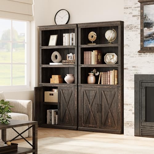 GAOMON Farmhouse Bookcases with Doors, 5 Tier Bookshelf with Storage, 70 inch Tall Bookshelf and Bookcase, Wooden Storage Cabinet for Living Room, Home, Office, Bedroom (Dark Oak)