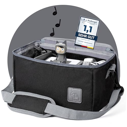 fantifant Musikbox-Tasche für Hörwürfel (z.B. Toniebox und Tigerbox) | Verstellbare Innenfächer | Netzbeutel für Zubehör (zB 10 Toniefiguren) (Special Edition schwarz)