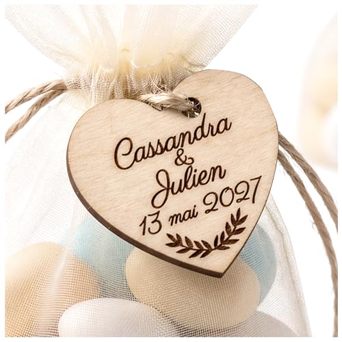 Lot de 25 coeurs en bois avec texte personnalisé, décorations de table avec prénoms, date, et motif, mariage champêtre, souvenir invités, événement
