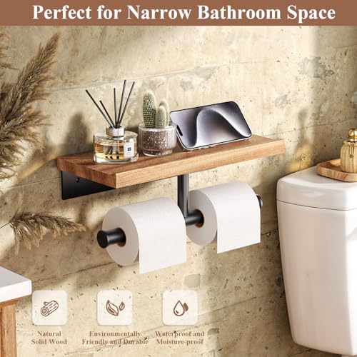 Image of Tindbea Double Toilet Paper Holder with Wood Shelf, Wooden Wall Mount Toilet Paper Roll Holder, Matte Black Stainless Steel Bathroom Toilet Tissue Holder (Sapele, Matte Black)