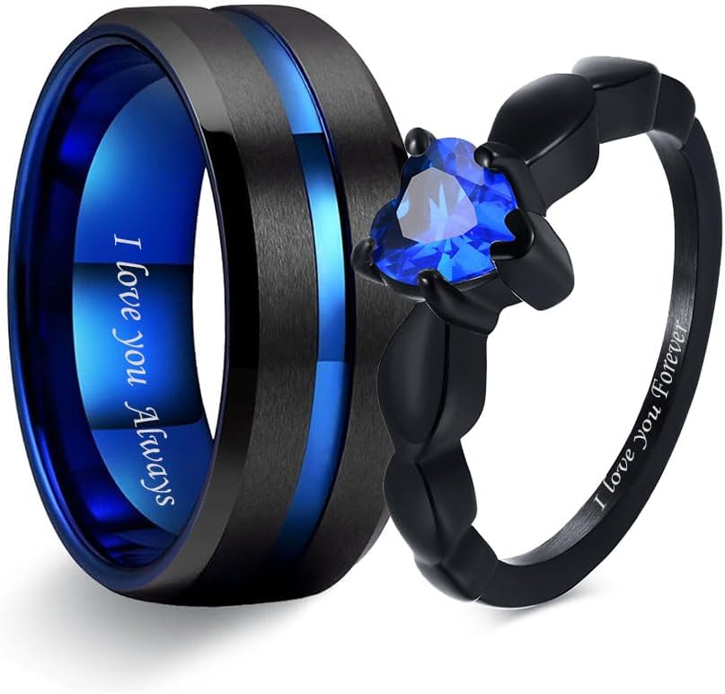 Personalized Matching Promise Rings for Couples Stainless Steel Black and Blue Wedding Rings Set for Him and Her Engraved Name Rings for Couples 8mm Mens Wedding Band Womens Blue Sapphire & Cubic Zirconia Ring 5-13