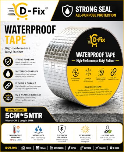 Image of D-fix Super Strong Waterproof Butyl Tape Heavy Duty Leak Repair Sealant Tape for Roof Pipe RV Window Gutter Metal Crack Patch Weatherproof Heat-Resistant Indoor-Outdoor Use (2 Inch (5CM*5M)