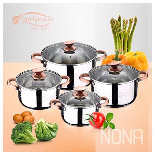 San Ignacio Premium Nona - Bateria de cocina de 4 piezas, acero inoxidable, 1.9L-2.7L-3.5L-5.1L, apta para todo tipo de cocinas incluido inducción, Cobre