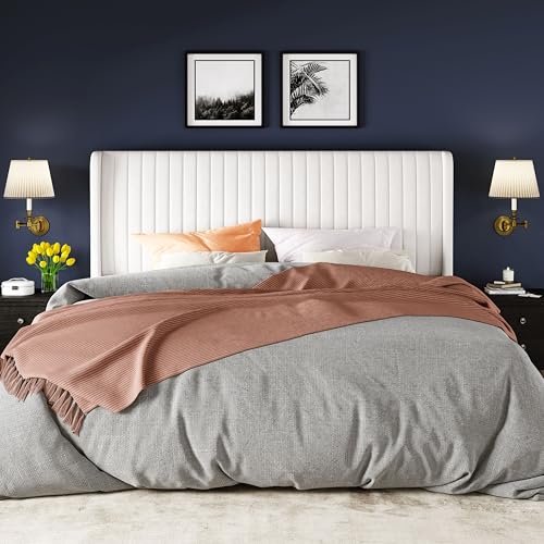 Image of Allewie King Size Velvet Bed Frame /Vertical Channel Tufted Wingback Headboard /Upholstered Platform Bed /No Box Spring Needed /Strong Wooden Slats /Easy Assembly /White