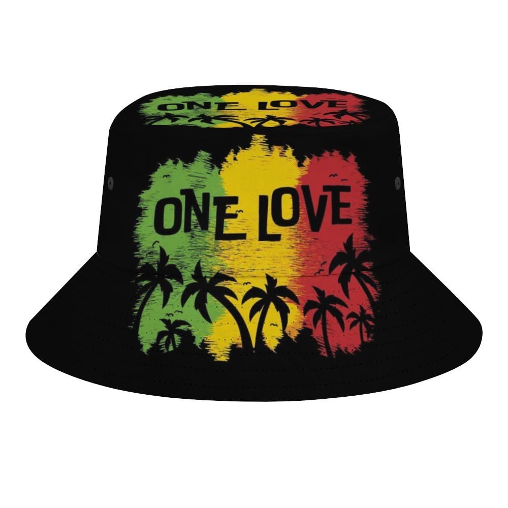 Jopajre Unisex 1 Love Music Reggae Rasta Bucket Hat For Women Men Sun Cap Fisherman Hat Packable Beach Caps Travel Outdoor