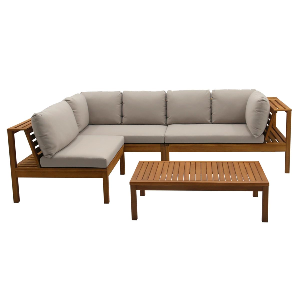 Miliboo Salon de Jardin d'angle 6 Places en Bois Massif avec Coussins déhoussables Taupe Belize
