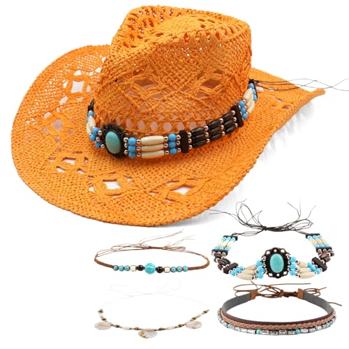 Lifup Straw Cowboy Sun Hats for Women Men Western Cowgirl Hats with Four Decorative Bands Adjustable Shapeable Wide Brim Orange