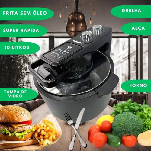 YQ-900 Fritadeira Elétrica Digital Sem Óleo, 10L de Capacidade, Display Digital, Tampa de Vidro, Grelha Removível, Potência 1000W, Preta, 110V