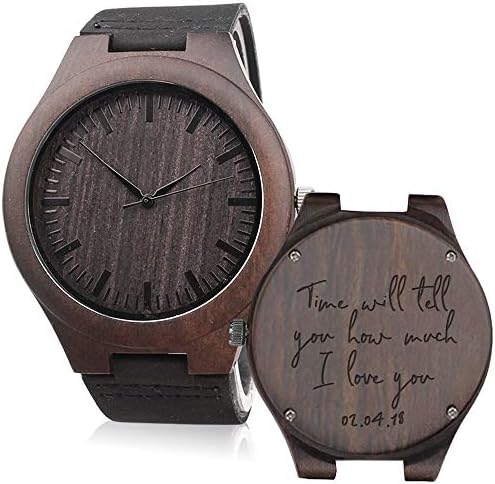 Custom Engraved Mens Vintage Analog Quartz Wooden Wrist Watches Handmade Casual Men Watch with Cowhide Leather Strap Personalized Gifts for Men Husband Boyfriend Dad
