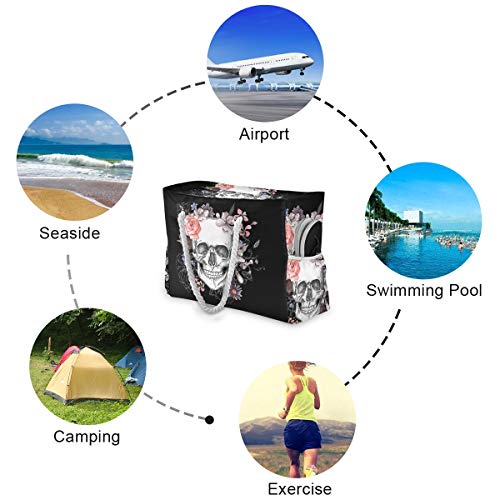 ALAZA Beach Bag, Sugar Skull Floral the Day of Dead Travel Tote Bags for Camping, Exercise4