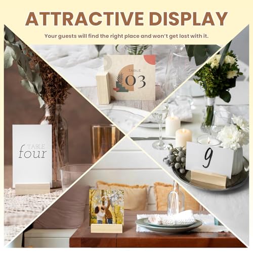 Image of 60Pcs 2.75x1.38 Inches Wood Table Number Stands, Wooden Place Card Holders, Acrylic Sign Holders for Wedding, Ceremony, Birthday, Party, Home Decoration, Events (3mm Slots)