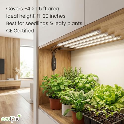 Image of ecofynd Aira4 2 Years Warranty Grow Light for Indoor Plants (Seedlings & Leafy Herbs), White Spectrum Auto On /Off Automatic Timer, 4 Head 10 Watt LED Artificial Sunlight, 1.8M Wire Type C Connector