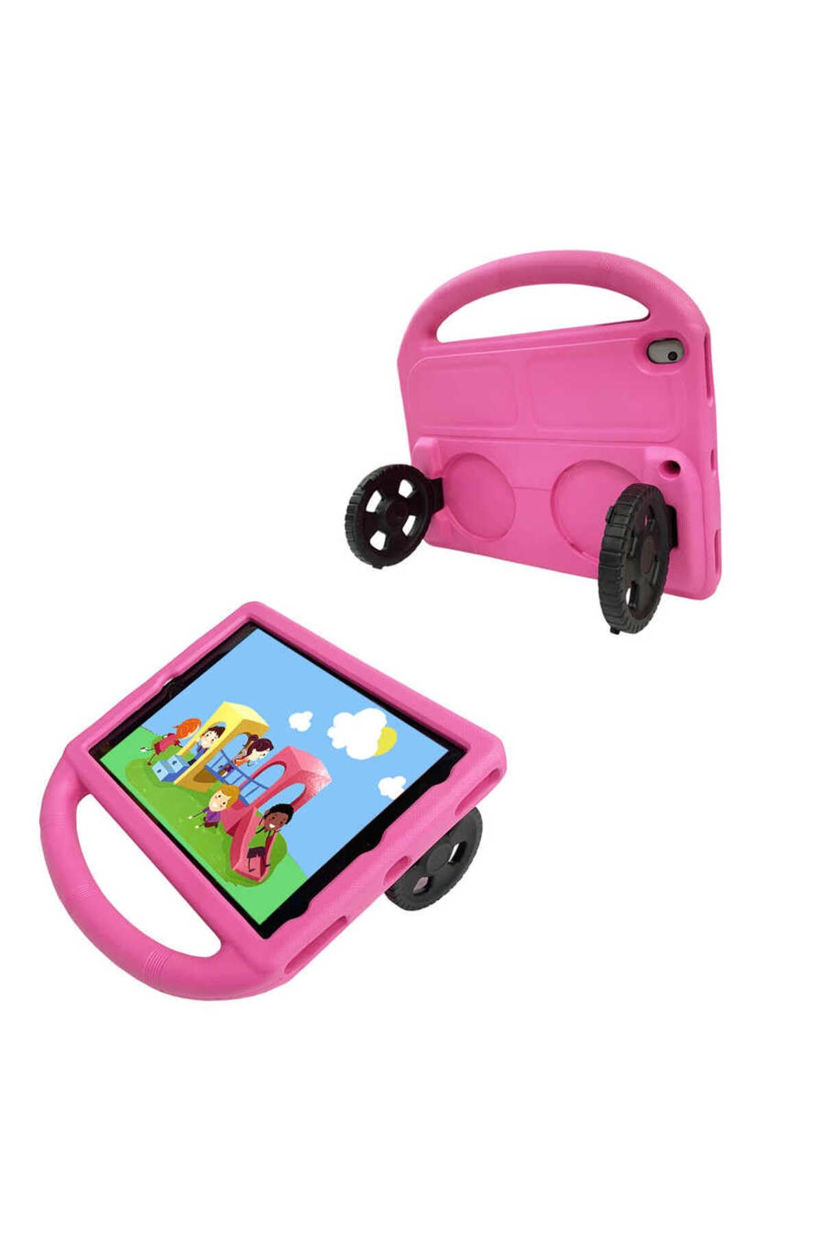 CONSTRAIN - iPad ile Uyumlu 10.2 (8.Nesil) Wheel Car Tekerlek Standlı Tablet Eva Silikon Kılıf - Pembe Koyu
