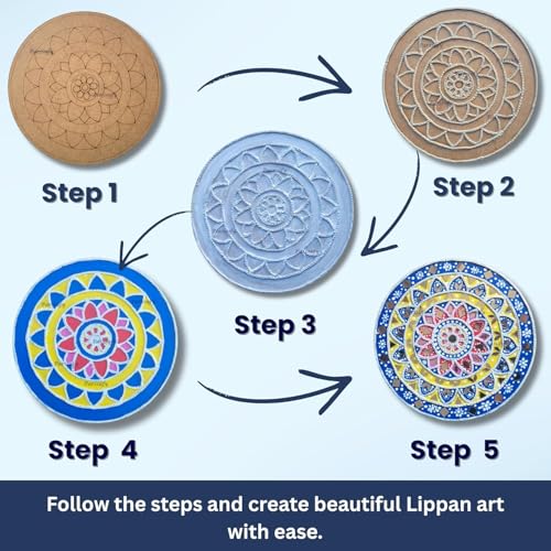 Image of Parssufy Lippan Art DIY Kit for Wall Decoration - 3 Pre-Marked 8 Inch MDF Boards with Acrylic Paints, Clay, Craft Mirrors, Brushes & Easel | Traditional Mud Art Kit for Kids & Adults