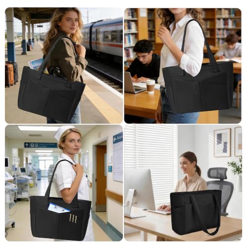 Image of CTWWFS Large Tote Bag for Women with Zipper, Nylon Lightweight Work Tote with 15.6 inch Laptop Sleeve, Nurse Bag for Work College