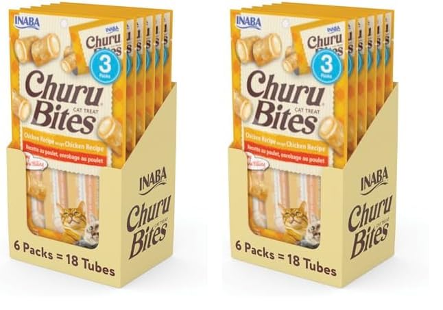 INABA Churu Bites for Cats, Soft Baked Chicken Churu Filled Cat Treats with Green Tea Extract, 0.35 Ounces Each Tube, 18 Tubes Total (3 per Pack), Chicken Recipe (Pack of 2)