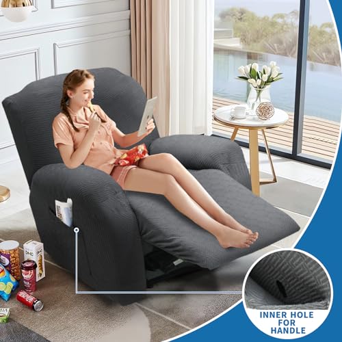 XINEAGE 4-Piece Recliner Cover Stretch Jacquard Slipcover with Pocket, Washable Recliner Chair Protector for Kids, Pets, Dogs, Cats (Dark Gray)