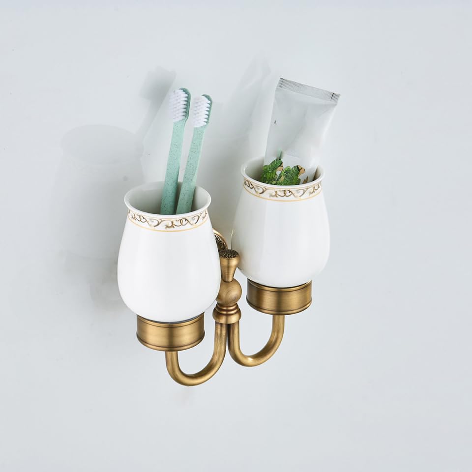 Cabilock Portabicchiere da parete in rame lucido per spazzolino da denti da bagno doppio portabicchieri in ceramica installazione facile per la casa | Doppio supporto da parete con due bicchieri in ceramica per spazzolini da denti e accessori per lavabo