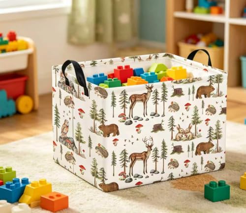 Image of Rectangular Baby Kids Storage Basket for Home Kitchen Girls Cute Toy Storage Bin Organizer Shelf Book Room Decor(Pine Tree Animal)