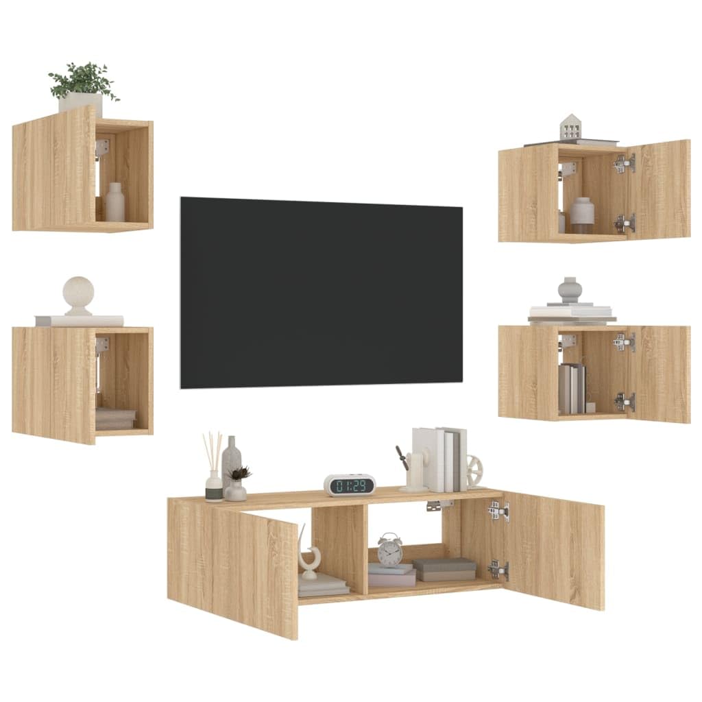 Gecheer 5-TLG.TV da parete con luci a LED, pensili per TV, armadietti sospesi, pensili per TV, armadio, parete multimediale, pensili, TV, soggiorno, rovere Sonoma