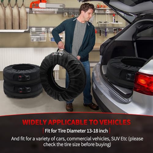 Image of Spare Tire Cover, Car Tire Cover, Seasonal Tire Totes, Portable Wheel Bags | Winter Tire Cover, Set of 4 Storage Tote Bags with Handle Fit for 13 inch to 18 inch Tyres (Diameter 66cm)-Black