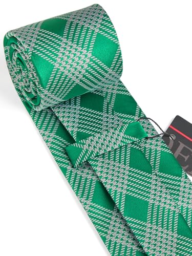 Image of HISDERN Plaid Ties for Men Classic Checkered Tie and Pocket Square Cufflinks Tie Clip Set Woven Men's Necktie Business