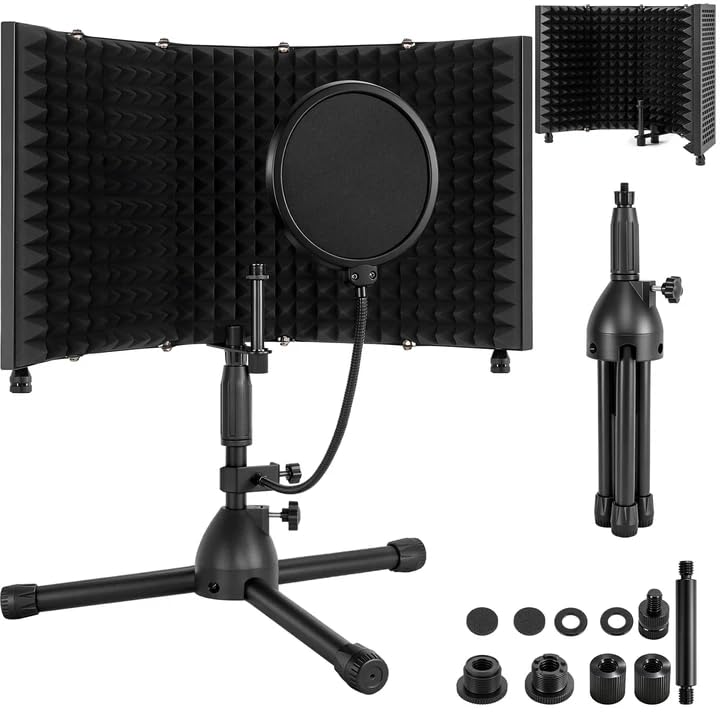 Image of Desktop Microphone Isolation Shield with Tripod Stand Curved Panel, Foldable Microphone Sound Shield, Studio Mic Sound Absorbing Foam Reflector for Studio Recording