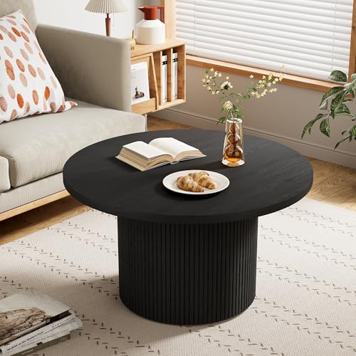 Image of Furniway Round Coffee Table, 35.4 inch Circle Wide Coffee Table, Wood Table and Center Table for Living Room, Black