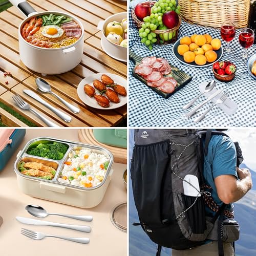 Camping Besteck, 4 Stück Edelstahl Reisebesteck mit Etui, Verstärktes Gehäuse mit Schnallen-Design, Campingbesteck für Outdoor, Reise, Arbeit, Schule, Spülmaschinenfest, Silber