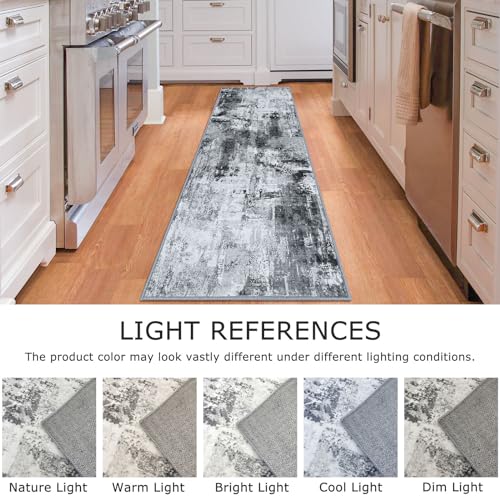 KOZYFLY Modern Abstract Runner Rug 2x6 Washable Grey/Black/Black Runners for Hallways Kitchen Runner Rug Non Slip Carpet Rug Runner Laundry Mat with Soft Low Pile for Entryway Bathroom Bedroom Kitchen