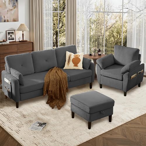 Image of 3 Pieces Sofa Set for Living Room with Sofa, Storage Ottoman and Single Chair