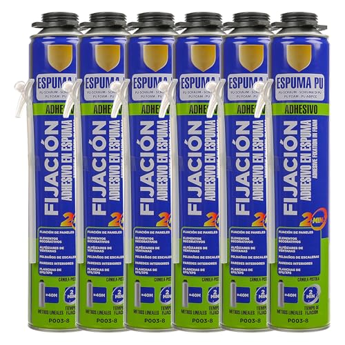 Espuma Adhesiva de Poliuretano Multiusos 750ml con Cánula para Interiores y Exteriores - Alta Adherencia, 2 Min Tiempo de Fijación, Ideal para Construcción y Montaje - 6 unidad