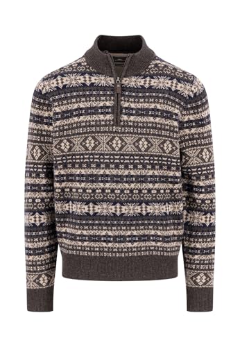 FYNCH-HATTON Pullover aus Reiner Wolle mit Norwegermuster und Troyer-Kragen Dark Chocolate/L
