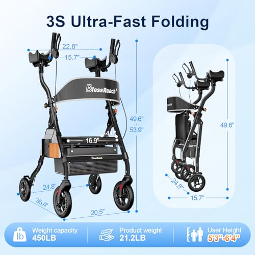 Image of BlessReach Heavy Duty Upright Rollator Walker for Seniors with Seat, 450lb Capacity, 8 inch All-Terrain Wheels, 6 Height Adjustments, Padded Seat & Backrest, Easy Assembly, Foldable Design, Black
