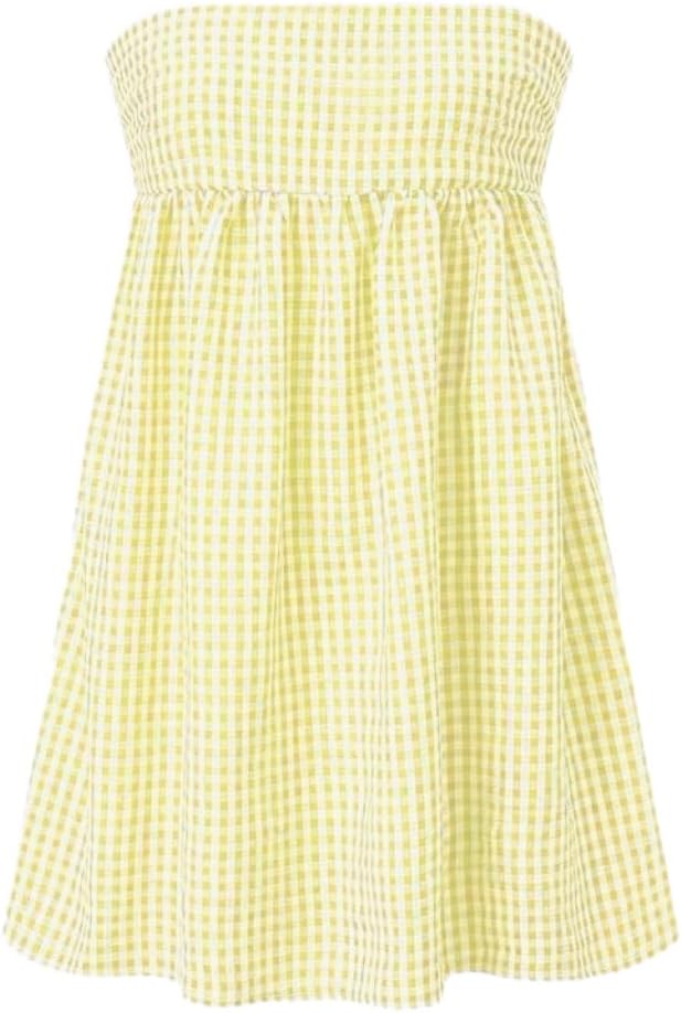 Women's Strapless Plaid Tube Mini Dress Off Shoulder Bandeau Summer Casual Sleeveless Beach Party Short Dress with 2 Pockets