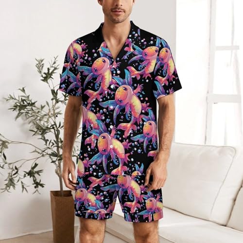 Cute Animal Colorful Axoltl Mens Pajamas Set Short Sleeve Sleepwear Summer Pjs Sets 2 Piece Loungewear Nightwear2