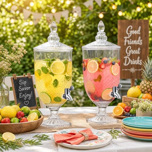 Bokon 2 Pieces 1.3 Gallon Drink Dispensers for Parties Crystal Iced Beverage Dispenser with Stand and Spigot, Glass Liquid Containers Wide Mouth Beverage Server for Juice Tea Wedding(Exquisite) by Bokon - Used condition - Image 3