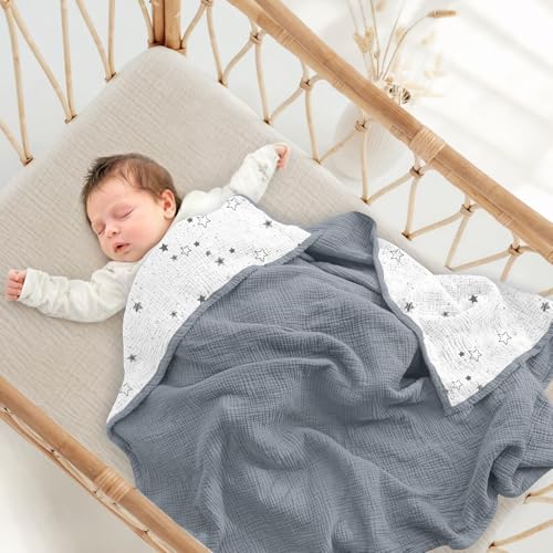 Image of lulumoon Muslin Baby Blanket Neutral - Breathable Cotton Crib Bedding for Toddler - 4 Layer Soft Lightweight for Stroller and Daycare 47 inchx47 inch (Starry Sky Gray)