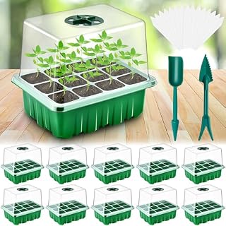 DazSpirit 10 Pack Seed Trays, Seed Propagators with Heightened Lids, 120 Cells Propagator for Seedling Growth, Seedling Starter Growing Trays with 20 Labels & 2 Tools for Greenhouse & Gardening