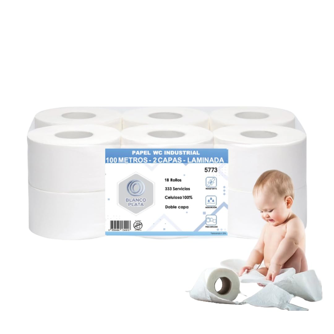 Papel Higiénico Industrial de 2 Capas 100% celulosa, 18 rollos (18 Rollos de 100m)