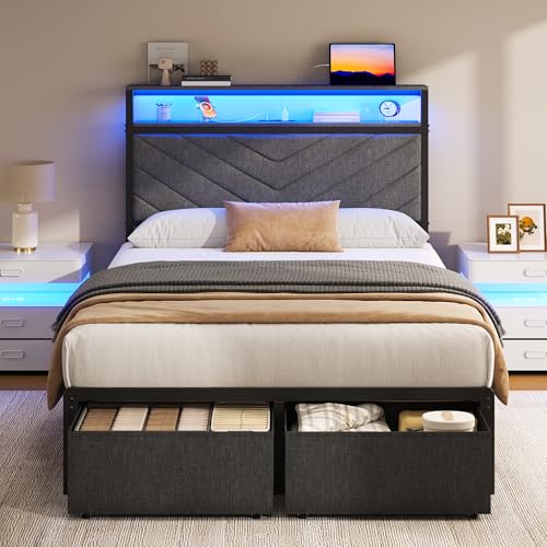 Image of Fluest Twin Bed Frame with Storage Drawers, Upholstered Headboard with Charging Station, LED Lights, Fabric Drawers with Wheels, Under Bed Storage, No Box Spring Needed, Easy Assembly, Grey