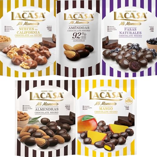 Lacasa Mi Momento pack de 5:Almendra 92% 65G,Nueces Leche 115G,Pasas choco Negro 150G,Almendra choco Negro 125G,Mango choco Negro 115G