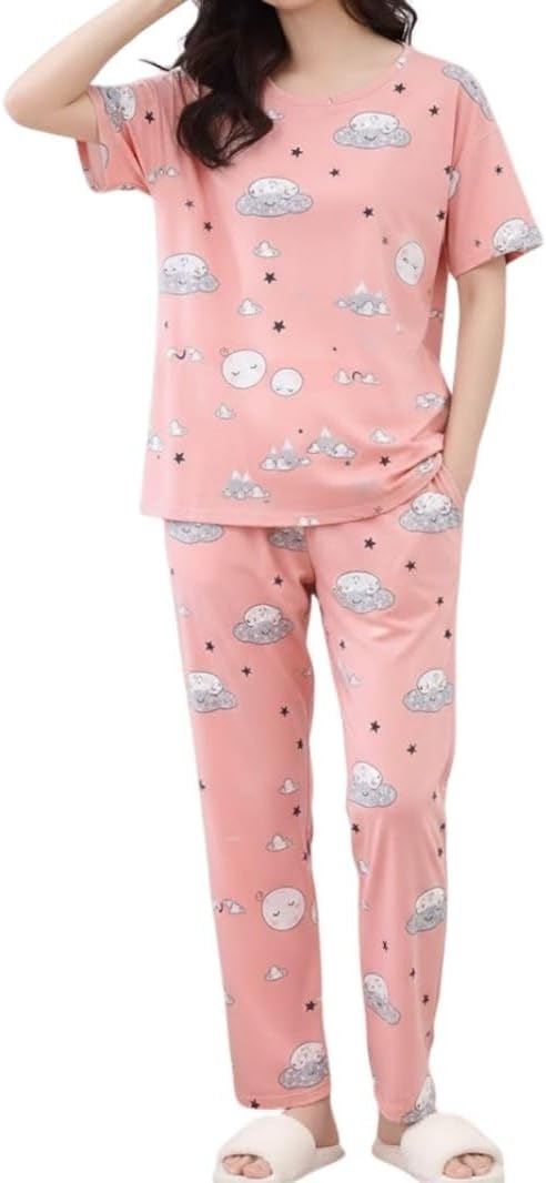 SMOWKLY Women’s Korean Style Night Suit Set | Cotton Half Sleeve Top & Pyjama Set | Round Neck Printed Nightsuit | Comfortable Nightwear & Loungewear for Women