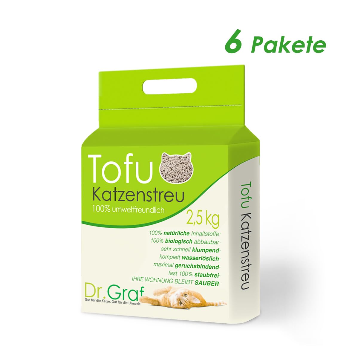Tofu Katzenstreu, 100% natürlich, Innovative Klumpstreu, geruchsfrei, komplett wasserlöslich， biologisch abbaubar, staubfrei，Extrem Saugfähig und schnell trocknend (6 x 2,5KG)
