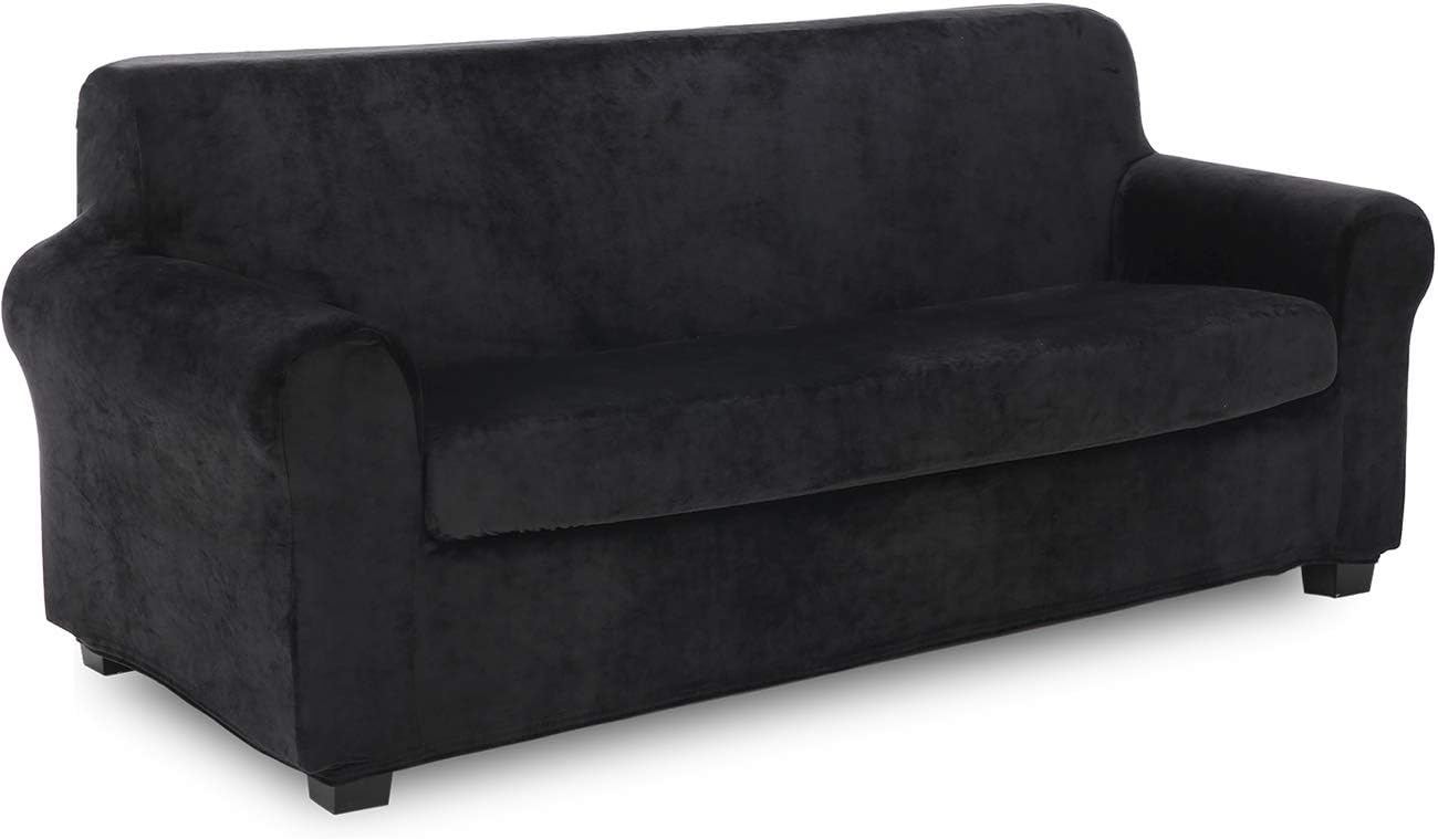 TIANSHU 2 Piece Velvet Sofa Cover, Soft Plush Couch Cover for 3 Cushion Couch, Non-Slip High Stretch Sofa Slipcover for Living Room, Stylish Fleece Furniture Cover Protector.(Sofa, Black)